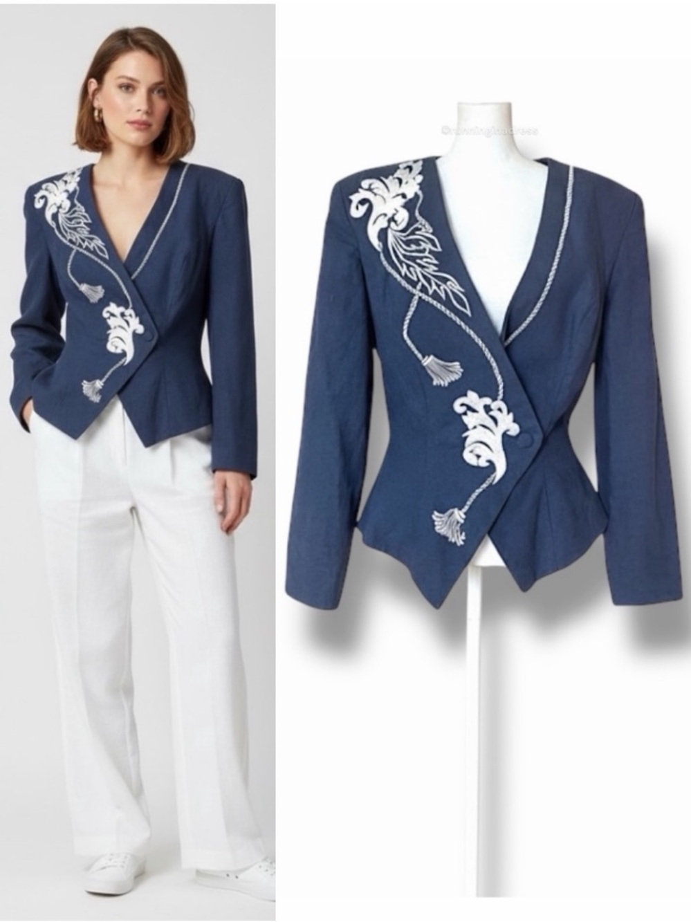 Vintage 90s Nancy Johnson Navy Embroidered Linen Blazer Jacket Size 6 Fits Small